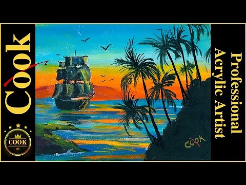 Pirate Ship at Sunset Acrylic Painting with Ginger Cook