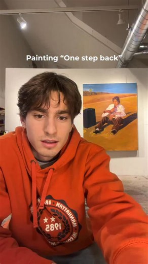 Gabriel Cavazos | Oil painter on Instagram: "You can read it however you like but staying to form your own interpretation is most important Additional info: - “one step back” oil on canvas 5’ x 4’ During the making of this painting, I was really deciding if I wanted to do something purely representational or lean further into surrealism. I arrived at my decision based on how I felt. I wasn’t thinking logically but emotionally did what felt right at the time. ￼ #surrealism #oilpainting #arttalk #