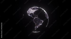 3D animation of rotating Earth globe with flickering light and glowing particles on black background , 4K animated news template and intro