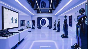 Artificial Intelligence Hub A sleek, minimalist facility with advanced robotics, holographic displays, and interactive AI assistants.