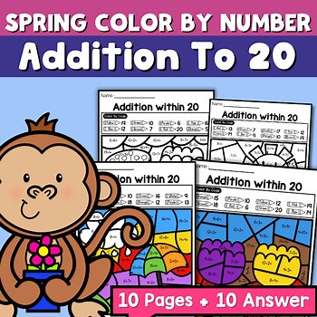 Spring Color By Number Addition to 20 |spring color by number addition within 20