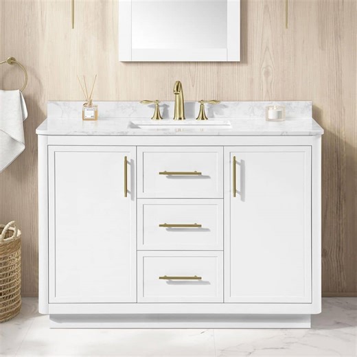 Check The Home Depot's Q&A Before Buying: Home Decorators Collection Tamsin 48 in. Single Sink Freestanding White Bath Vanity with White Round Corner Engineered Marble Top (Assembled)