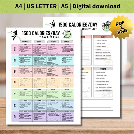 1500 Calorie Diet Plan Printable, 7 Day Meal Planner & Grocery List, Weight Loss Meal Plan, Digital Download A4 US Letter A5 - Etsy UK