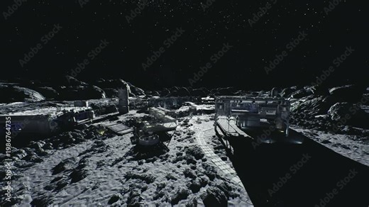 Moon research hub with observatory domes and instrument arrays, bright sensor clusters, sample collection zones and data terminals highlighting scientific