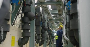 Civil engineer manager and foreman worker checking industry cooling air conditioner water cooling tower air chiller of large industrial building to control air system at construction site