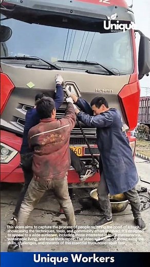 Truck hood repair: people repairing the hood of a truck