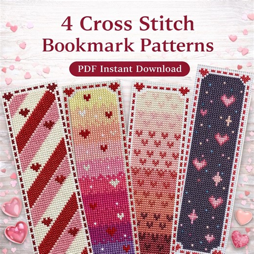 Romantic Cross Stitch Bookmark Set, 4 Heart Bookmark Patterns, Gift for Book Lovers, PDF Download - Etsy
