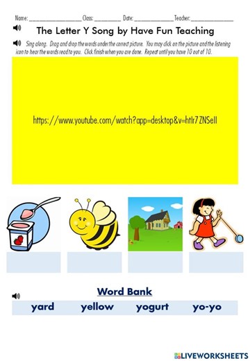 Meet the Letter Y! - The Letter Y Song by Have Fun Teaching worksheet