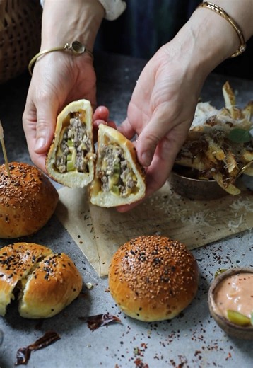 Closed Burger Slider Buns with Fries for 4th of July