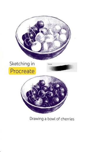 Drawing a bowl of cherries in Procreate. Daily sketching. Sketchbook pages.