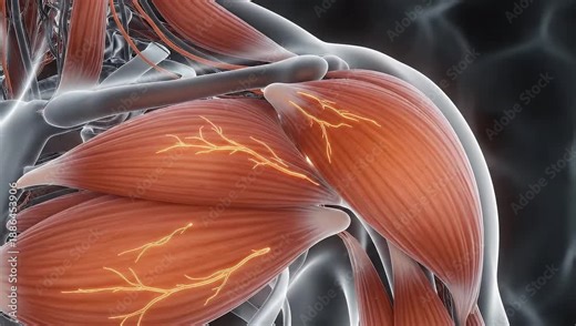 Human shoulder muscle anatomy showing electrical nerve activity and skeletal structures in scientific background