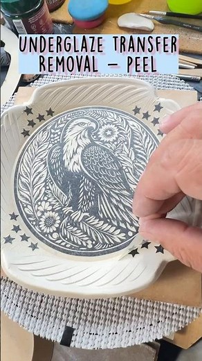 Underglaze Transfer peel on a Porcelain plate. Using a great solution for decorating ceramics
