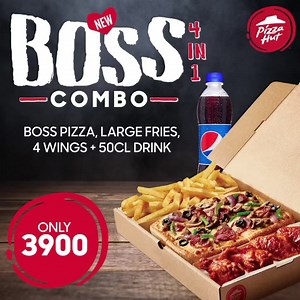 Get the #Boss4in1 today and enjoy a Boss Pizza, Large Fries, Wings and a 50cl Drink for ONLY N3900. Order online at www.pizzahut.ng 🍕#NowThatsDelivering | Pizza Hut Nigeria
