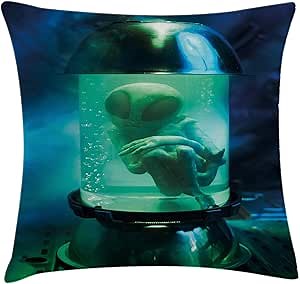 Ambesonne Outer Space Throw Pillow Cushion Cover, Martian UFO Alien in a Aquarium Like Tube Artwork Image, Decorative Square Accent Pillow Case, 18" X 18", Blue Green