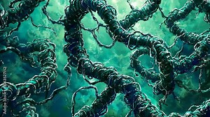 Twisted vines snake through a dark, green sky, creating an eerie and otherworldly atmosphere