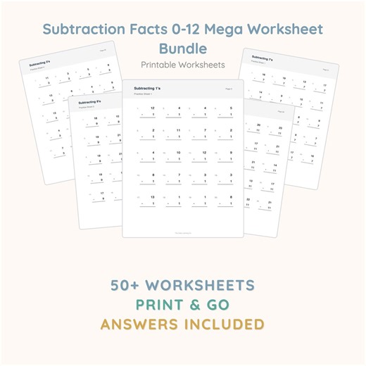 Subtraction Facts 0-12 Worksheets | Math Practice (digital Download ) - Etsy