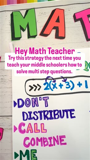 Asia | Middle School Math Teacher Tips 💕💚 on Instagram: "Wanna teach multi-step equations without the headache? ⬇️ The key is laying the groundwork: ✔️ Review integer operations with games like Blooket ✔️ Master one and two-step equations before diving deeper ✔️ Teach “like terms” before variables on both sides Here’s my favorite tip: Use a mnemonic like “Don’t Call Me After Midnight” to help students remember the 5 steps! Plus, color-coding makes everything more fun. ♥️💚