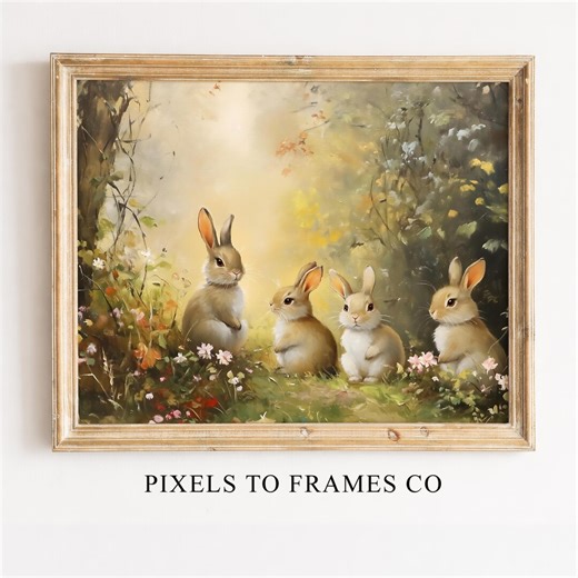 Easter Rabbits in Spring Printable Wall Art, Vintage Style Bunny Wall Art, Animal Cottagecore Decor, Farmhouse Easter Painting, Digital Art - Etsy