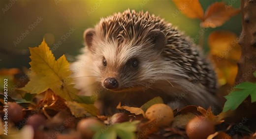 Hedgehog navigating through forest leaves, wildlife exploration