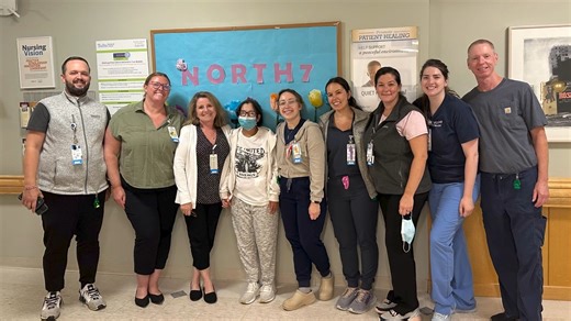 We are very proud of longtime patient Prerana Kaphle. This video shows when Prerana left Tufts Medical Center’s North 7 floor a few months ago to take a MedFlight to another facility for a double lung transplant. Tufts MC team members lined the hallway that day to show their support for Prerana, her husband and daughter. We were delighted to see her back for a visit this week, pictured with her North 7 family, who cared for her throughout multiple admissions over the years. Prerana and her husba