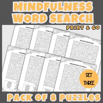 SEL Mindfulness Word Search Printable Activities Stress Relief Puzzle Set 3