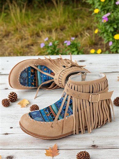 Women's Fringe Moccasin Boots with Colorful Ethnic Print, Casual Ankle Booties for Autumn Outfits, Festivals & Everyday Wear 2025 - $32.99