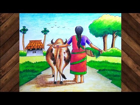 Village scenery drawing with human figure and animal/How to draw village scenery