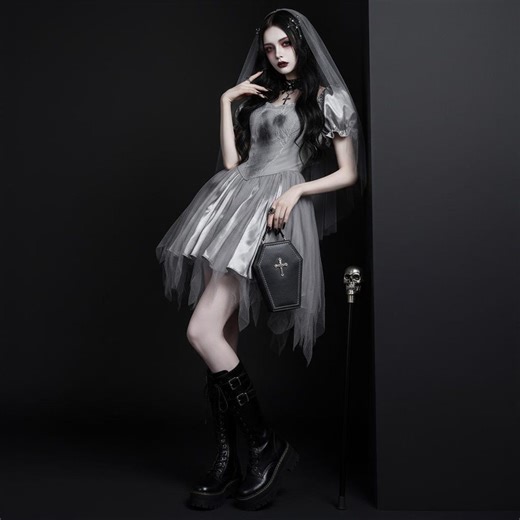 Gothic Bride Costume Dress, Zombie Corpse Bride Mini Dress With Veil, Dark Aesthetic Tulle Dress,spooky Victorian Ghost Cosplay - Etsy