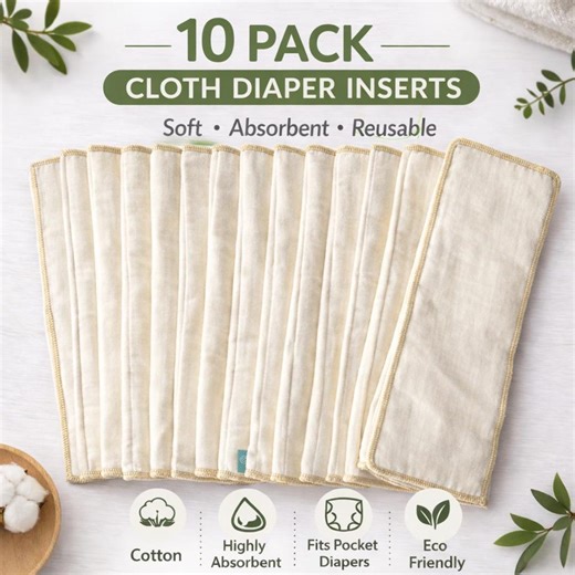 10 Pack Cotton Trifold Diaper Inserts | Soft, Absorbent, Reusable Pocket Diaper Essentials - Etsy
