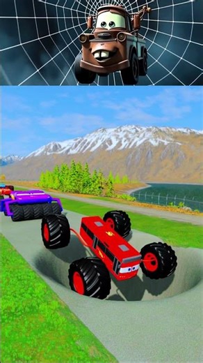 Red Monster Bus Mcqueen Vs Impossible Deep Pit #beamngdrive