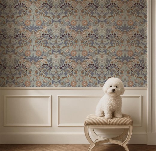 Muted Vintage Floral Wallpaper, Dusty Blue and Terracotta Damask Print, Antique Style Peel and Stick, Custom Removable Wall Art - Etsy