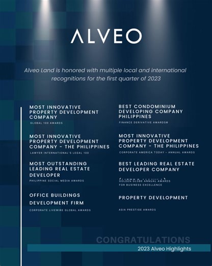 ALVEO WINS 8 AWARDS IN Q1 2023 In the first quarter alone, Alveo Land garners various local and international recognitions as one of the leading real estate developers in the country today. | Alveo Land Corp