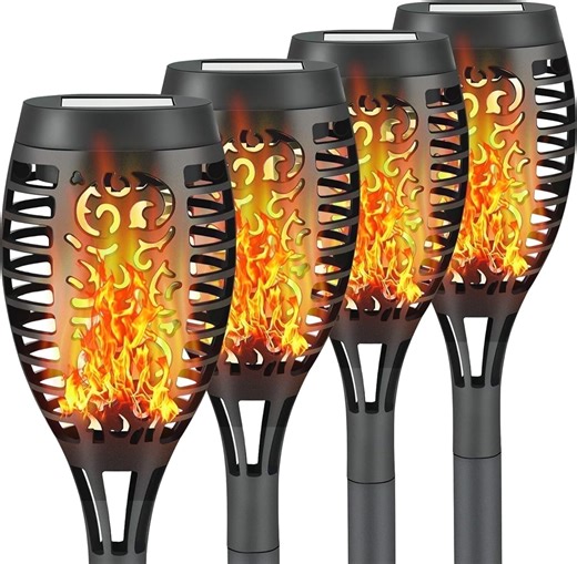 Flickering Solar Lights,4 Pack Tiki Torch Lights with Flickering Flame,LED Waterproof Bamboo Yard Torch for Outside Garden Home Patio Pathway Yellow