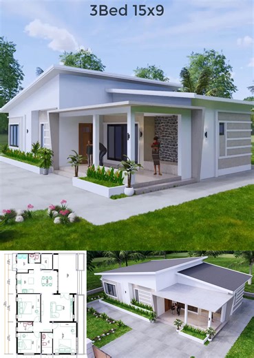 49x30 Feet House Design Plan 15x9 Meter with 3 Beds Shed roof | Sam HousePlans