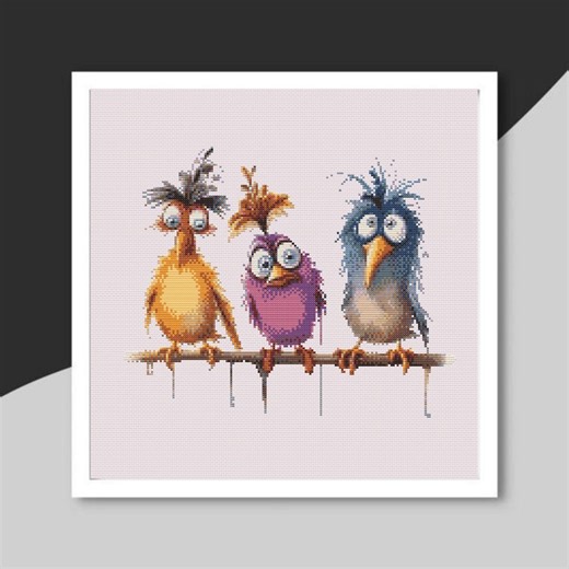 Funny, Birds, Cross, Stitch, Pattern, Cartoon, Animal, Embroidery, Design, Printable, Colorful, Needlework, Art, Decor