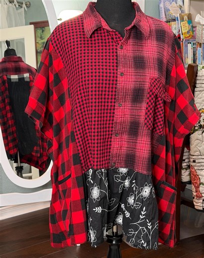 Upcycled Flannel Tunic: Red Buffalo Check, Butterfly Sleeves, Plus Size - Etsy