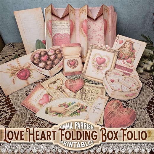 Love Heart Folding Box Folio Printable Kit | Valentine Junk Journal Ephemera, Vintage Journal Pages & Cards, Video Tutorial, Cricut, Handcut - Etsy