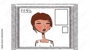 Cartoon female character as a news anchor on TV. The girl tells something to the viewer. You can place a logo, text or other information in the window next to it.