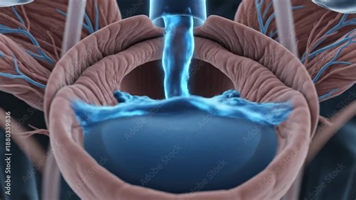 Cinematic medical 3D visualization of the human male urinary tract system including bladder and kidneys in high detail for educational biological science health healthcare presentation.