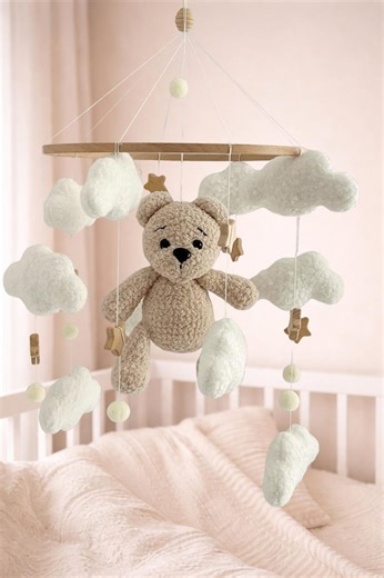 Boucle Teddy Bear Baby Mobile, Neutral Crib Mobile, Felt Cloud Baby Mobile, Scandinavian Nursery Decor, Beige Baby Shower Gift - Etsy