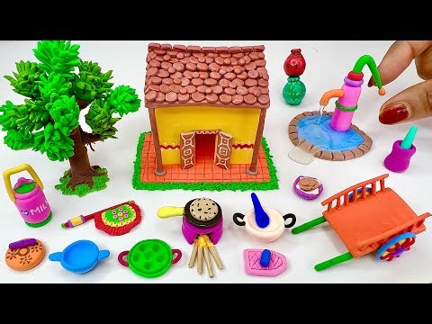 DIY How to make polymer clay miniature house, kitchen set, Bullock cart, Hand Pump, Tree ,fan