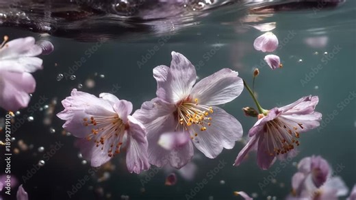 Flowers float in water with bubbles and petals rising in a serene moment captured underwater during the day