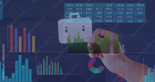 Female hand moving briefcase icon across analytics dashboard, revealing charts and key insights