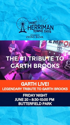 Garth Live!, the nation’s top Garth Brooks tribute band and 2018’s Best Touring Country Tribute, will bring the energy and hits of the legendary country star to the Fort Herriman Towne Days stage. Featuring lead vocalist Drew Baloh, the performance will take place Friday, June 20th, from 8:30 to 10:00 PM. Enjoy a free evening of Garth Brooks’ iconic '90s hits presented by Zions Bank. | Herriman City