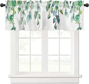 Watercolor Botanical Green Leaves Window Valance Rod Pocket Panel for Kitchen Bedroom Windows Plants Branch with White Backdrop Valances Short Curtain Bathroom Treatment Drapes