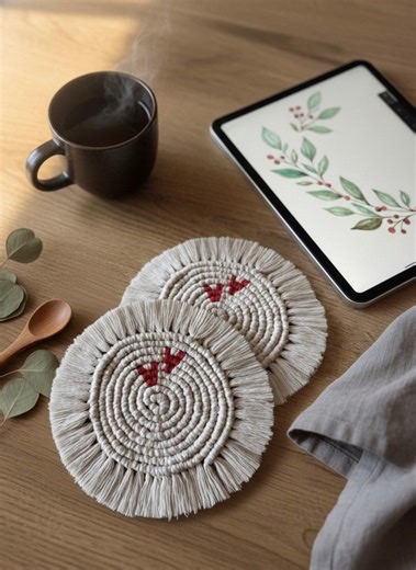 Boho Macrame Coasters | Heart Design | 35 Colors | Handmade Cotton Decor - Etsy