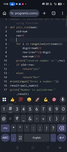 "palindrome check in python 🔥💻💯" #coding #python #programming #palindrome number #code