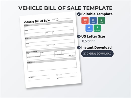 Vehicle Bill of Sale Template | Editable Car Sale Contract, Auto Purchase Agreement, PDF Word Google Docs Sheets, Simple DMV Form, US Letter - Etsy