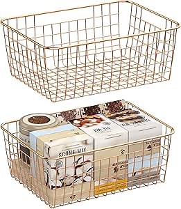 Wire Storage Basket, F-color 2 Pack Large Metal Household Storage Organizer Bin with 4 Built-in Handles for Pantry, Shelf, Freezer, Kitchen Cabinet, Bathroom, Rose Gold