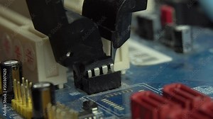 An engineer removes the programmable BIOS chip with the tongs from the motherboard. Firmware.